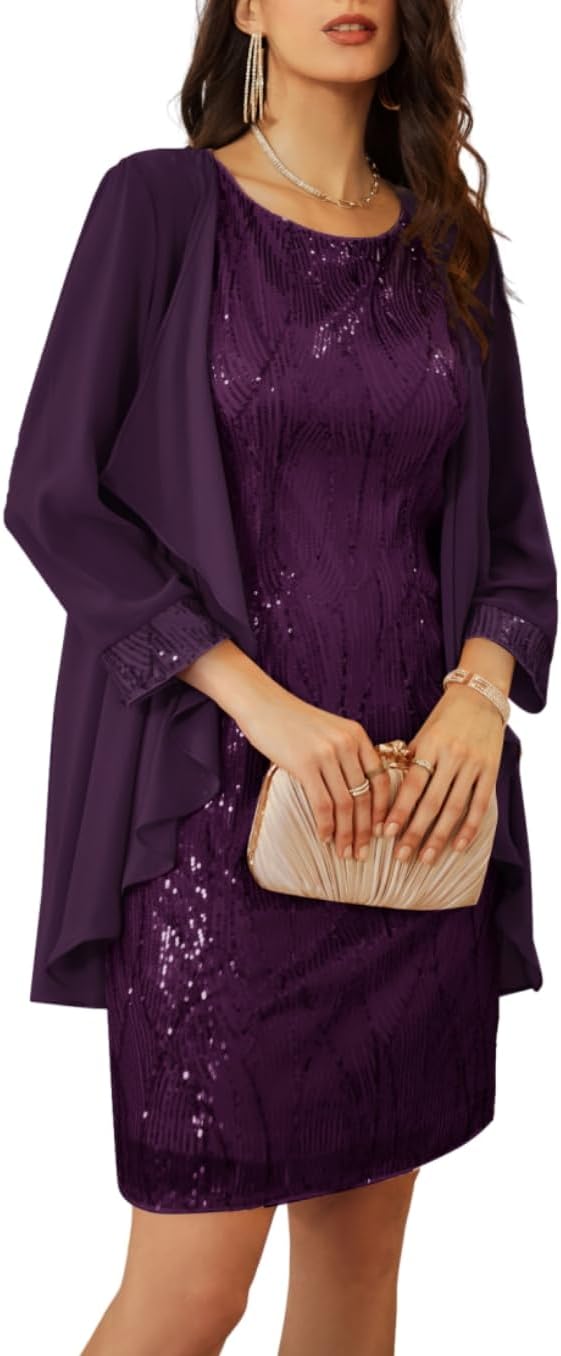 GRACE KARIN Sequin Dress for Women Knee Length Mother of the Bride Dresses Formal Dress Two Piece Dress with Chiffon Jacket