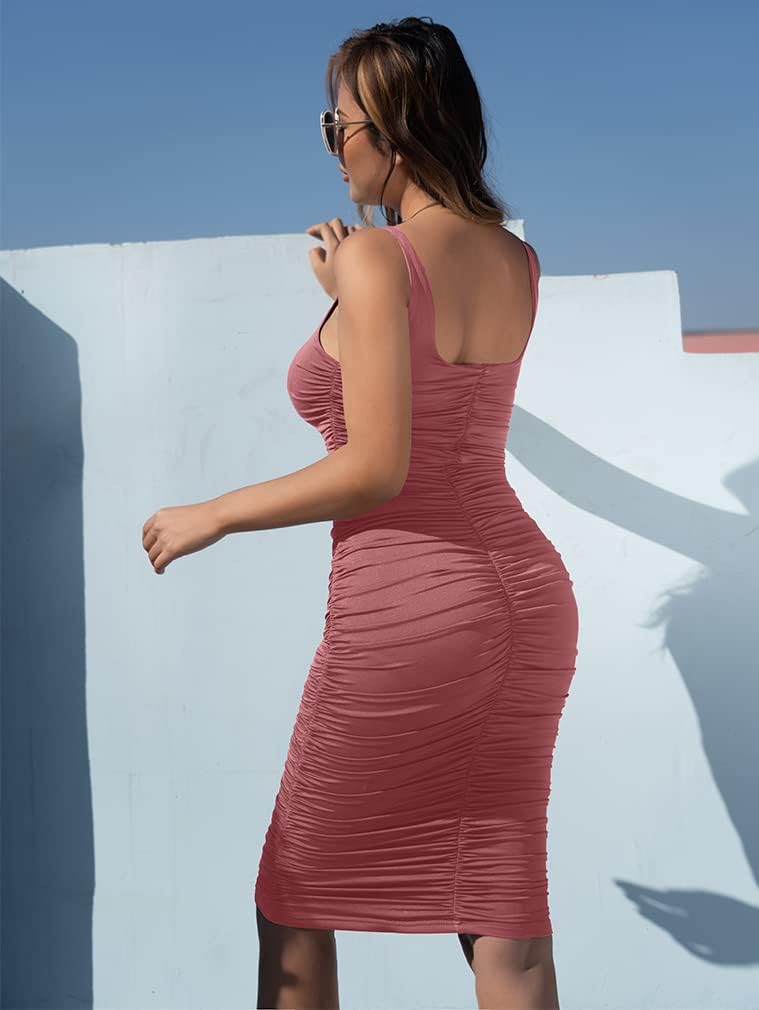 BEAGIMEG Women's Sexy Tank Top Bodycon Ruched Sleeveless Basic Midi Party Dress