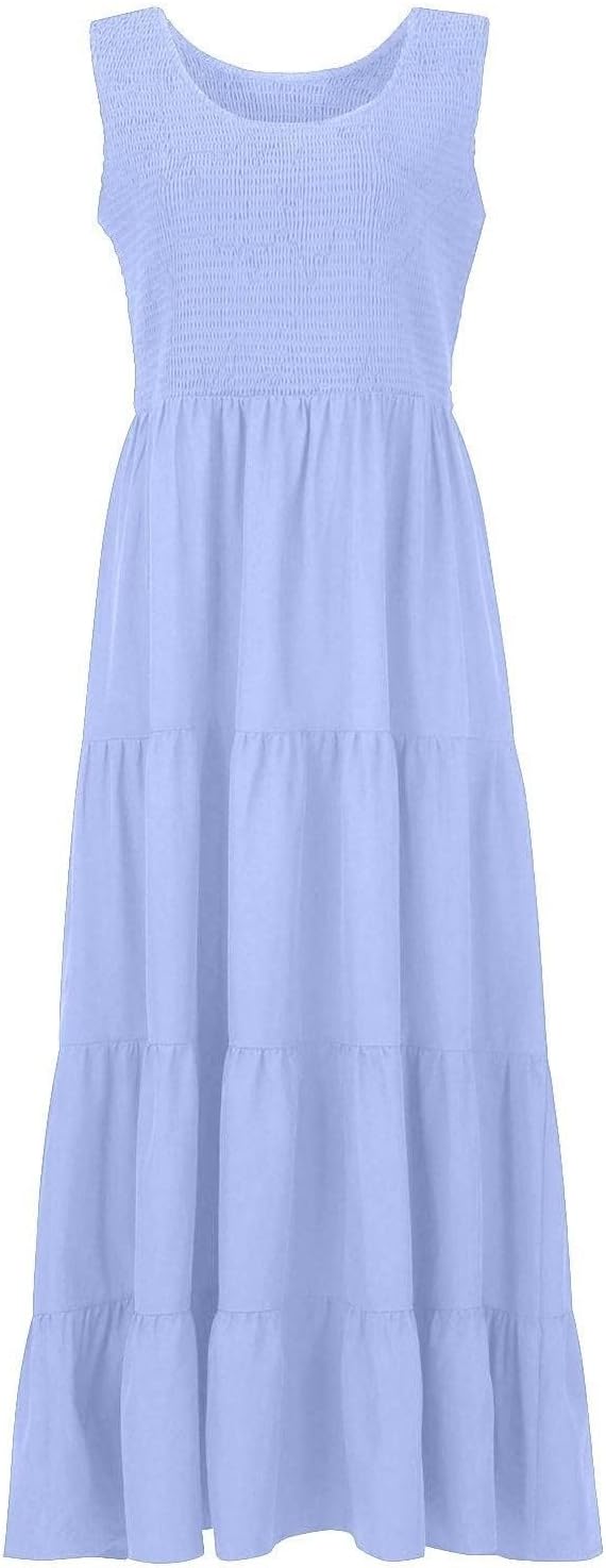 Women Summer Sleeveless Dressees Boho Maxi Dress Casual Smocked Square Neck Sundress a Line Beach Wedding Dresses