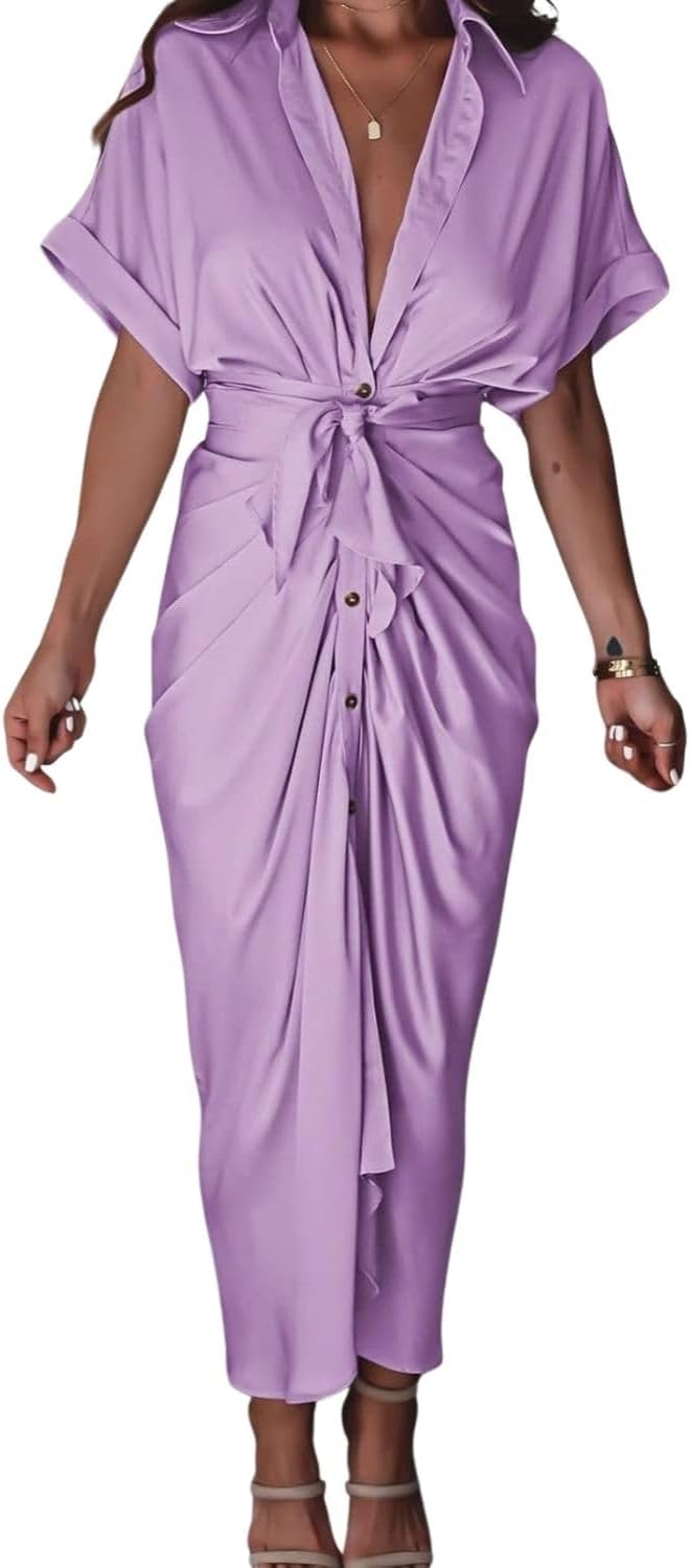 Women's Swing Classic Cute Maxi Ruched Breathable Shirt Dresses Bownot Slim Fitted Dress