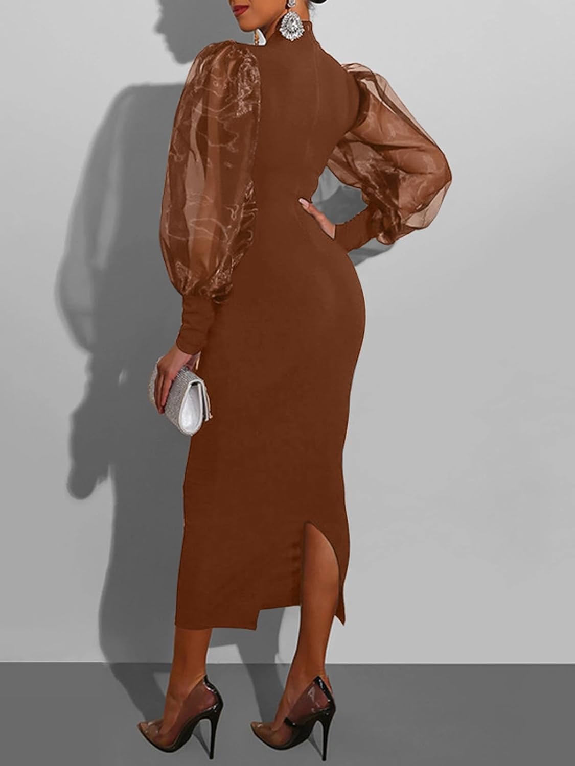 Ekaliy Women's See Through Bodycon Dress Sheer Mesh Long Puff Lantern Sleeve Dress Sexy Club Party Midi Dress Clubwear