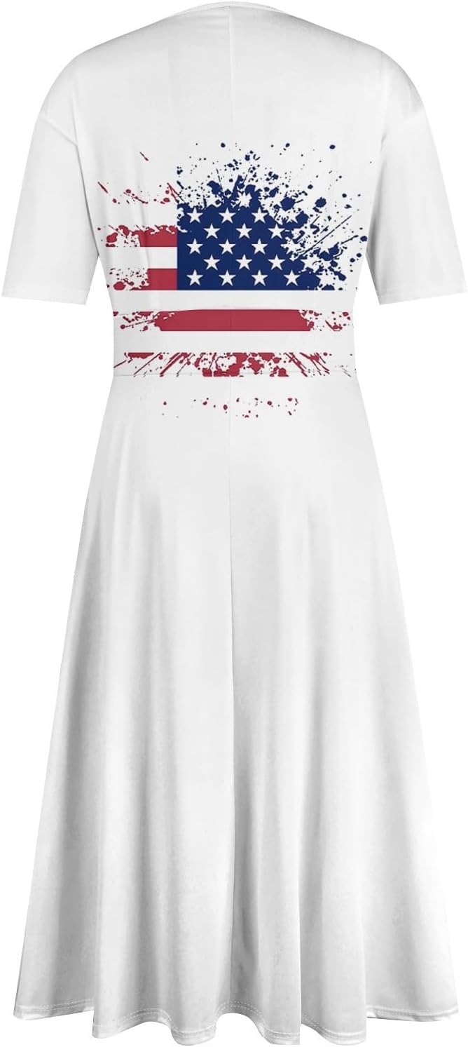 Women's Patriotic Star Print Midi Short Sleeve V-Neck Casual A-Line Dress for Summer Parties & Events