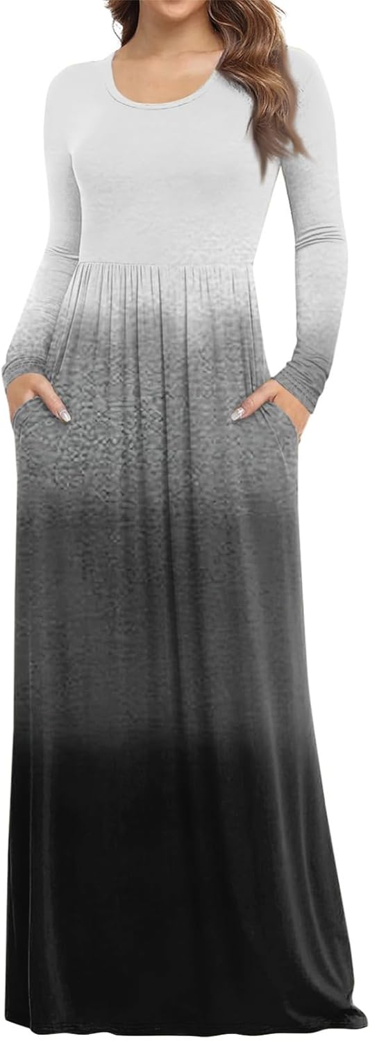 Long Sleeve Maxi Dress for Women Elegant Crew Neck Flowy Swing Dresses Solid Color Wedding Guest Dresses