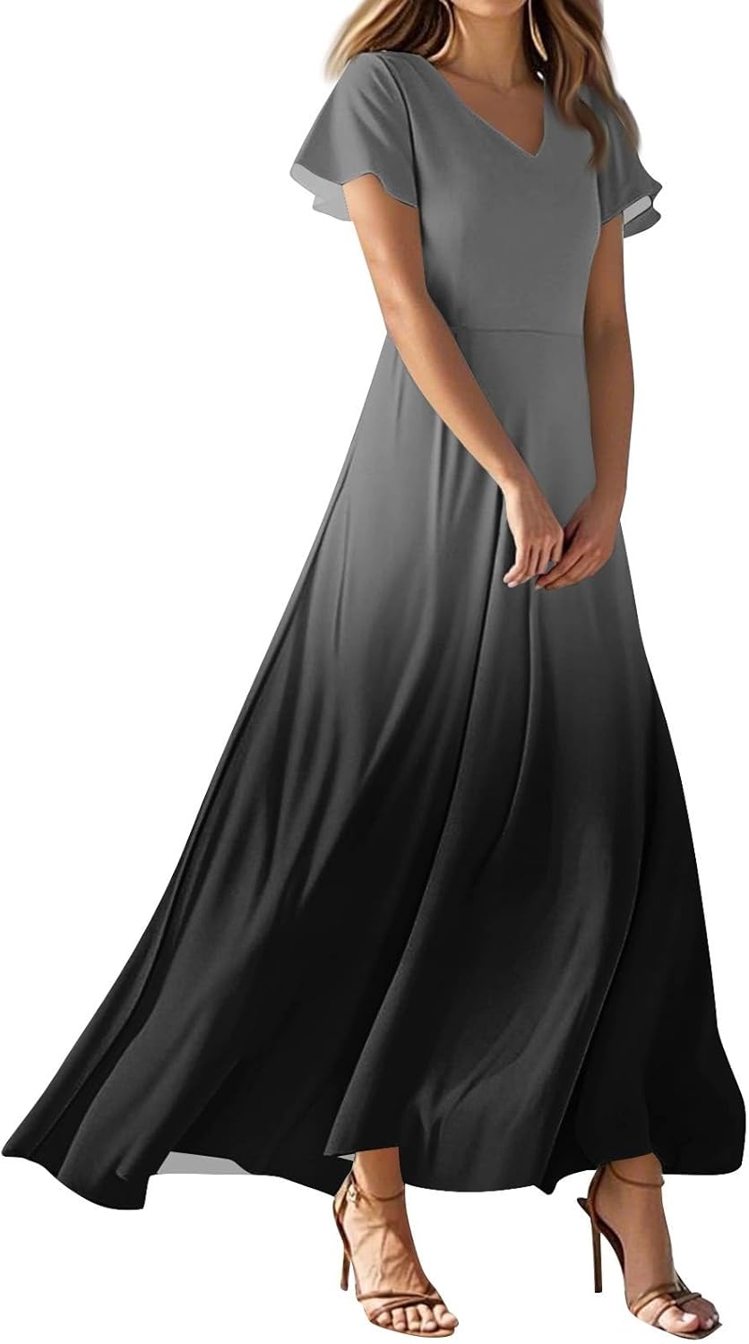 Womens Fashion V Neck Ruffle Short Sleeve Maxi Dress 2025 Summer Elegant Solid Color Flowy A Line Dresses
