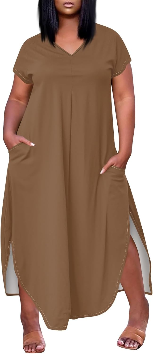 Maxi Dresses for Women 2025 Plus Size Tie Dye V Neck Dress Short Sleeve Side Split Beach Summer Sundress with Pocket