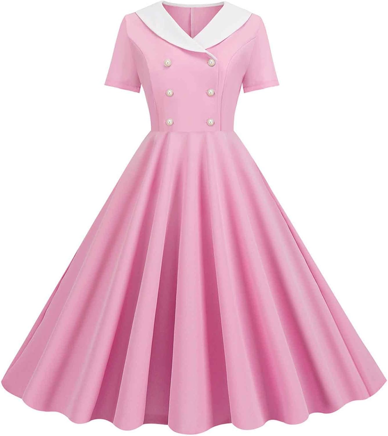 Women Double Breasted Notch Lapel 50s Vintage Short Sleeve Cocktail Swing Dress Polka Dot 1950s Rockabilly Prom Dress