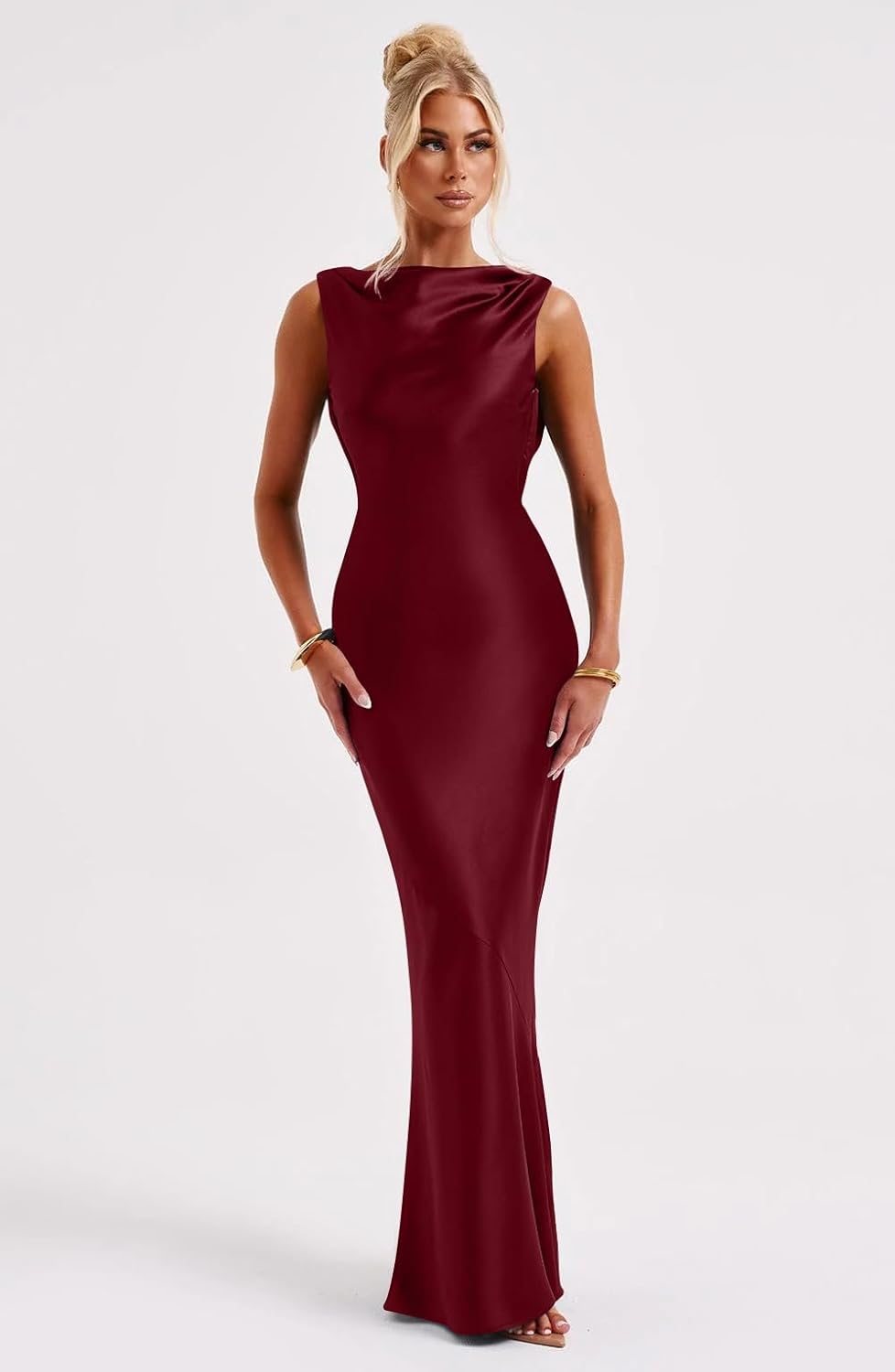 Memoriesea Women's Satin Elegant Sleeveless High Neck Tie Cocktail Party Maxi Dress