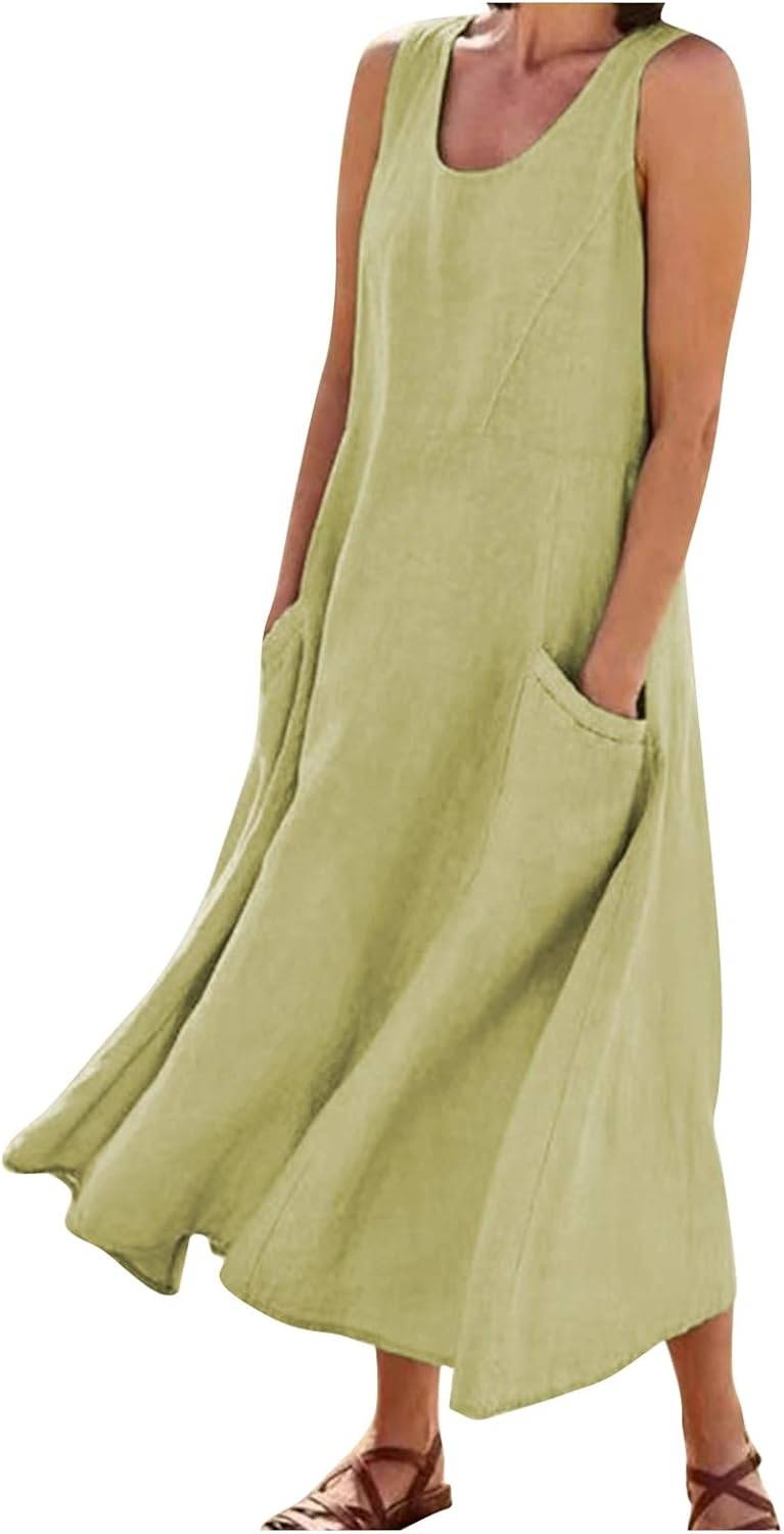 Women's Casual Sleeveless Dresses, Cotton Linen Pocket Dresses Summer Dresses for Women 2024 Sundresses Beach Dress