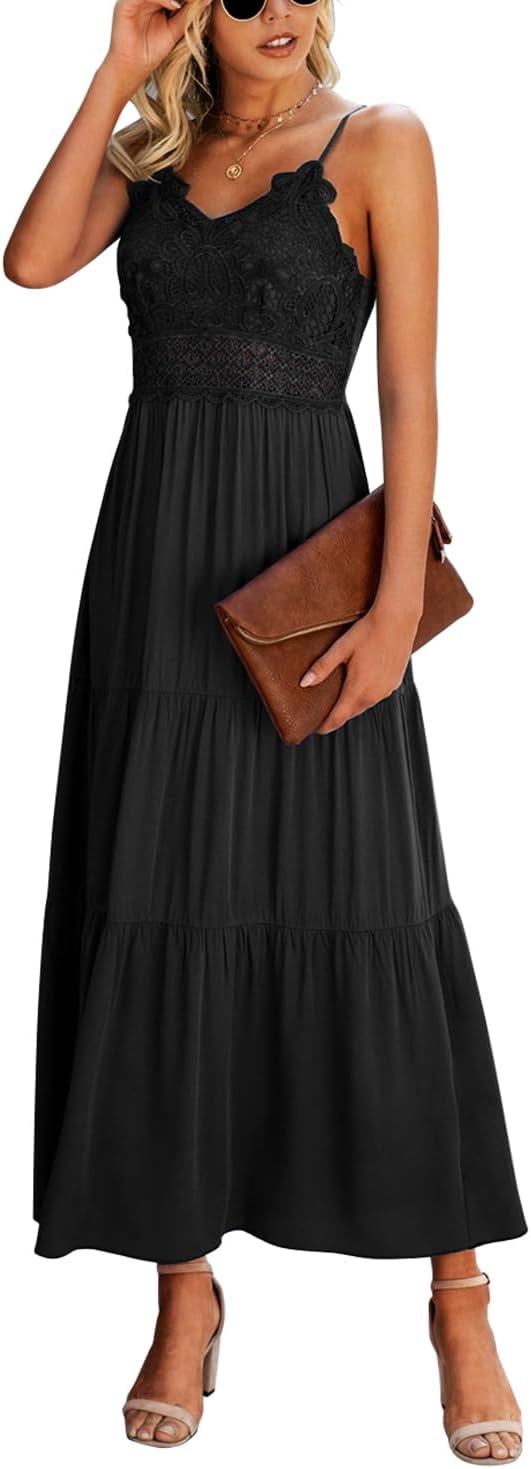 Dokuritu Women's Beach Crochet Lace Maxi Dress Solid Color Summer Vacation Spaghetti Strap Long Dress 2024