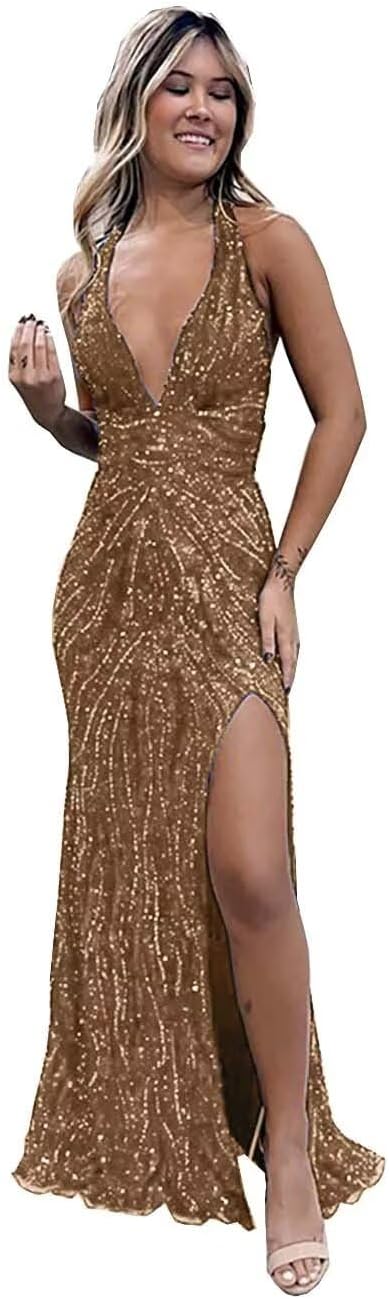 Beaded Evening Gown Deep V-Neck Mermaid Prom Dresses High Split Halter Formal Dress Sleeveless Bodycon Trumpet JS0011