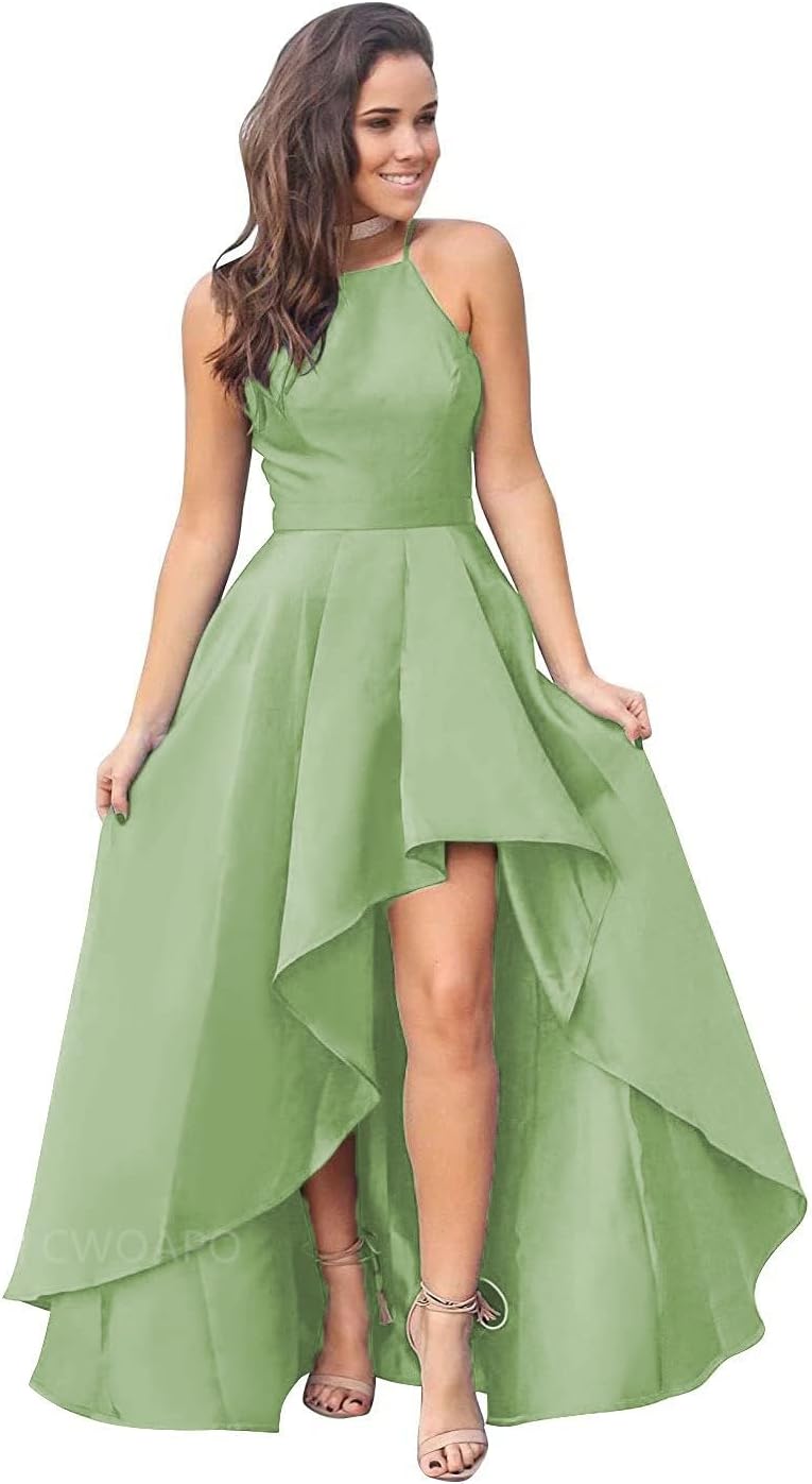 CWOAPO Halter High Low Bridesmaid Dress Evening Dress Satin Homecoming Dresses A Line Cocktail Gowns with Pockets