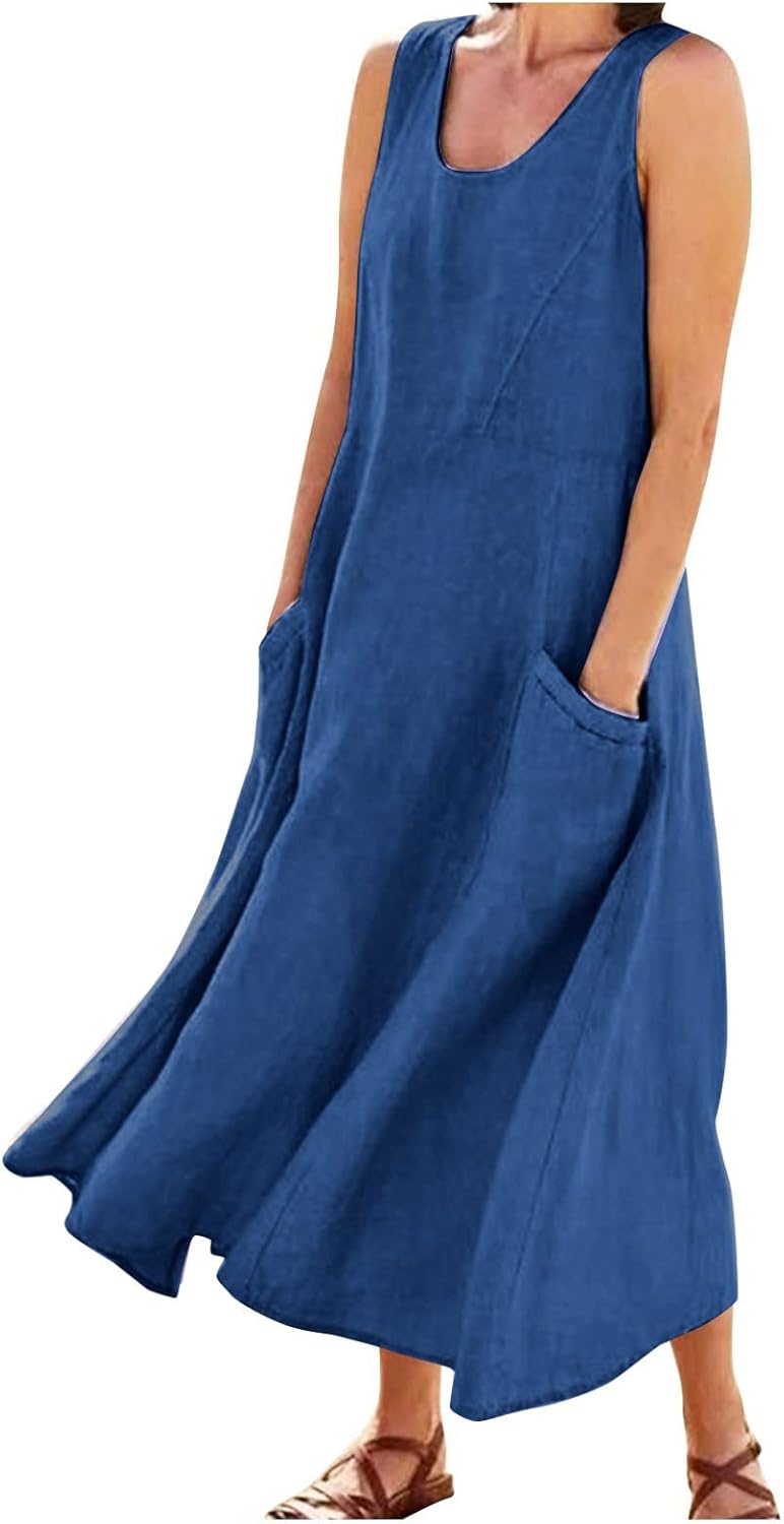 Women's Casual Sleeveless Dresses, Cotton Linen Pocket Dresses Summer Dresses for Women 2024 Sundresses Beach Dress
