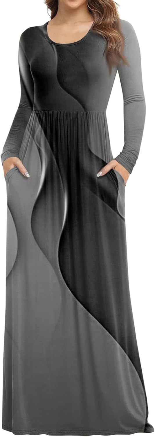 Long Sleeve Maxi Dress for Women Elegant Crew Neck Flowy Swing Dresses Solid Color Wedding Guest Dresses