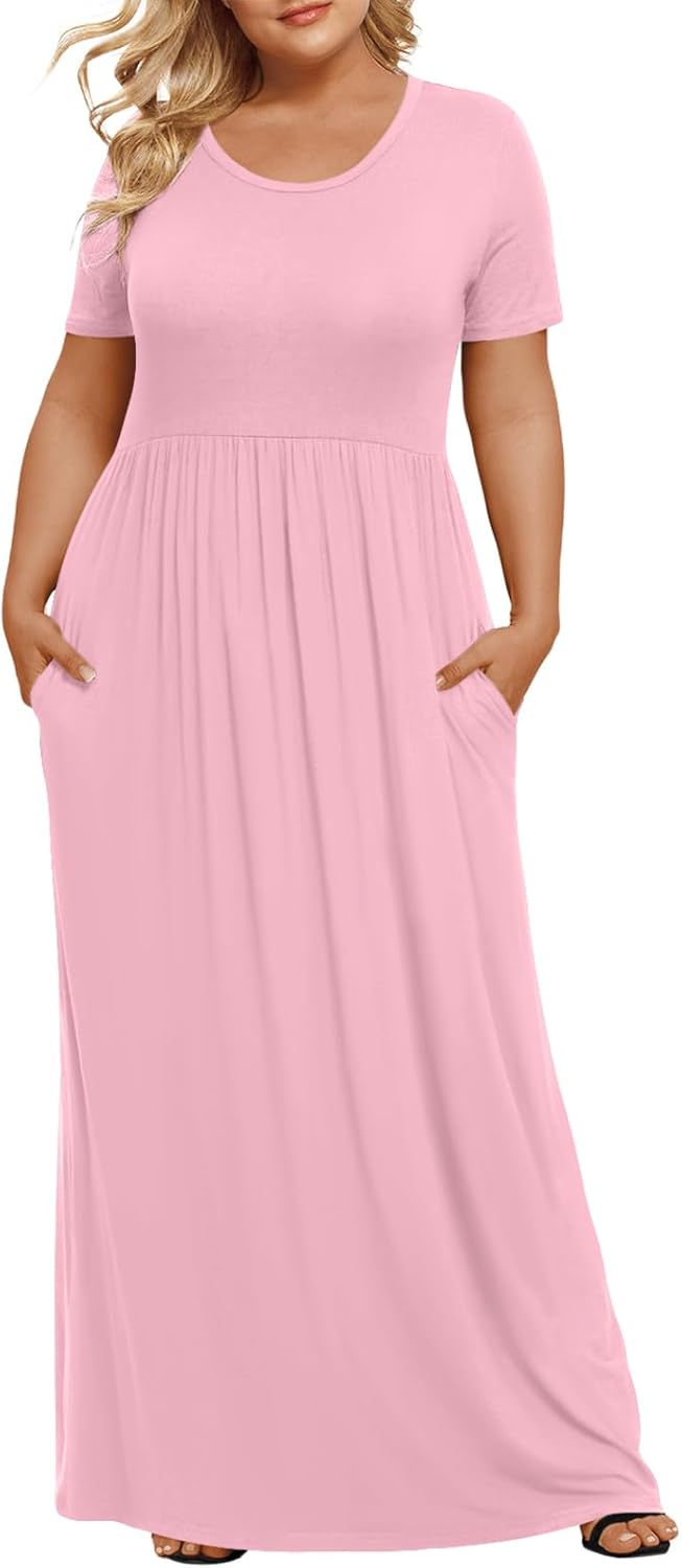 LONGYUAN Women's Plus Size Maxi Dresses for Curvy Women Summer Short Sleeve Casual 2025 Long Dress XL-6XL