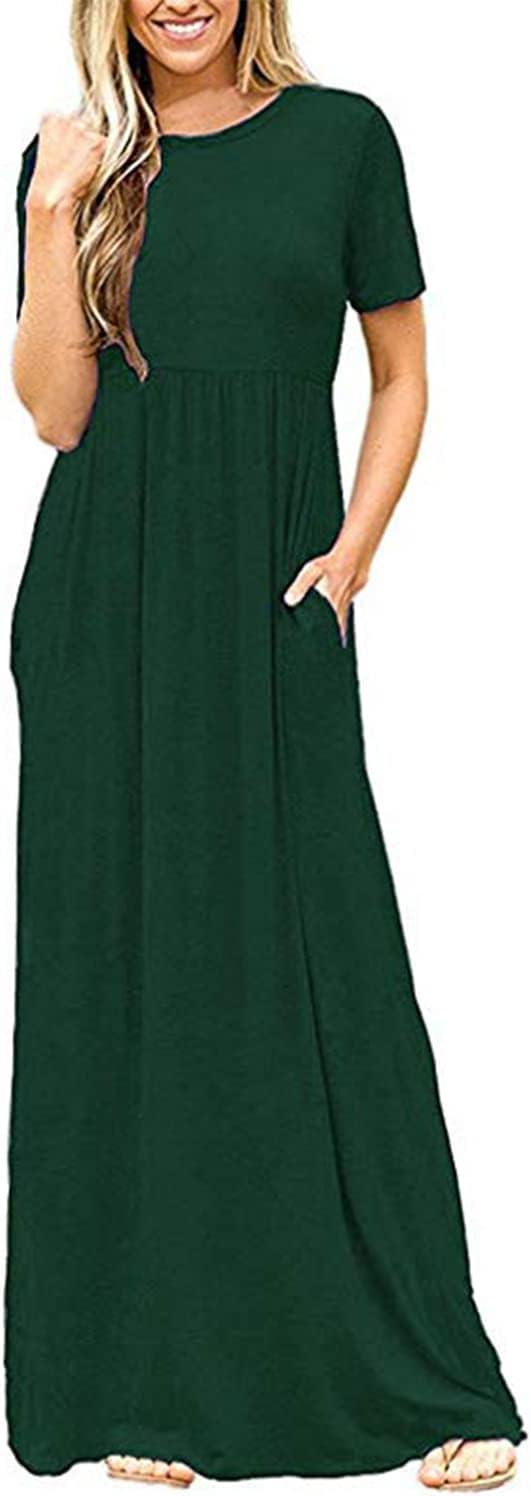 DEARCASE Maxi Dress for Women Short Sleeve Casual Summer Loose Plain Comfy Long Dresses with Pockets