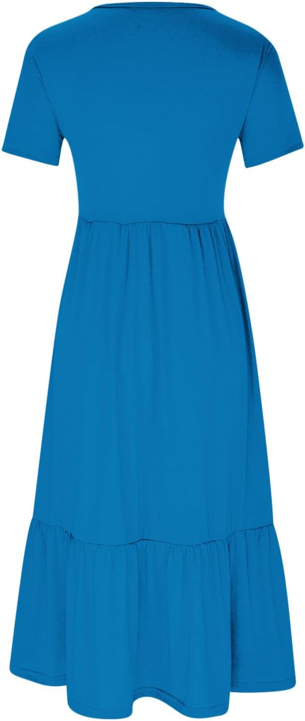 XUNRYAN Summer Dresses for Women 2024 Casual Calf Length Maxi Dress Pleated Flowy Tiered Swing Beach Sundress with Pockets