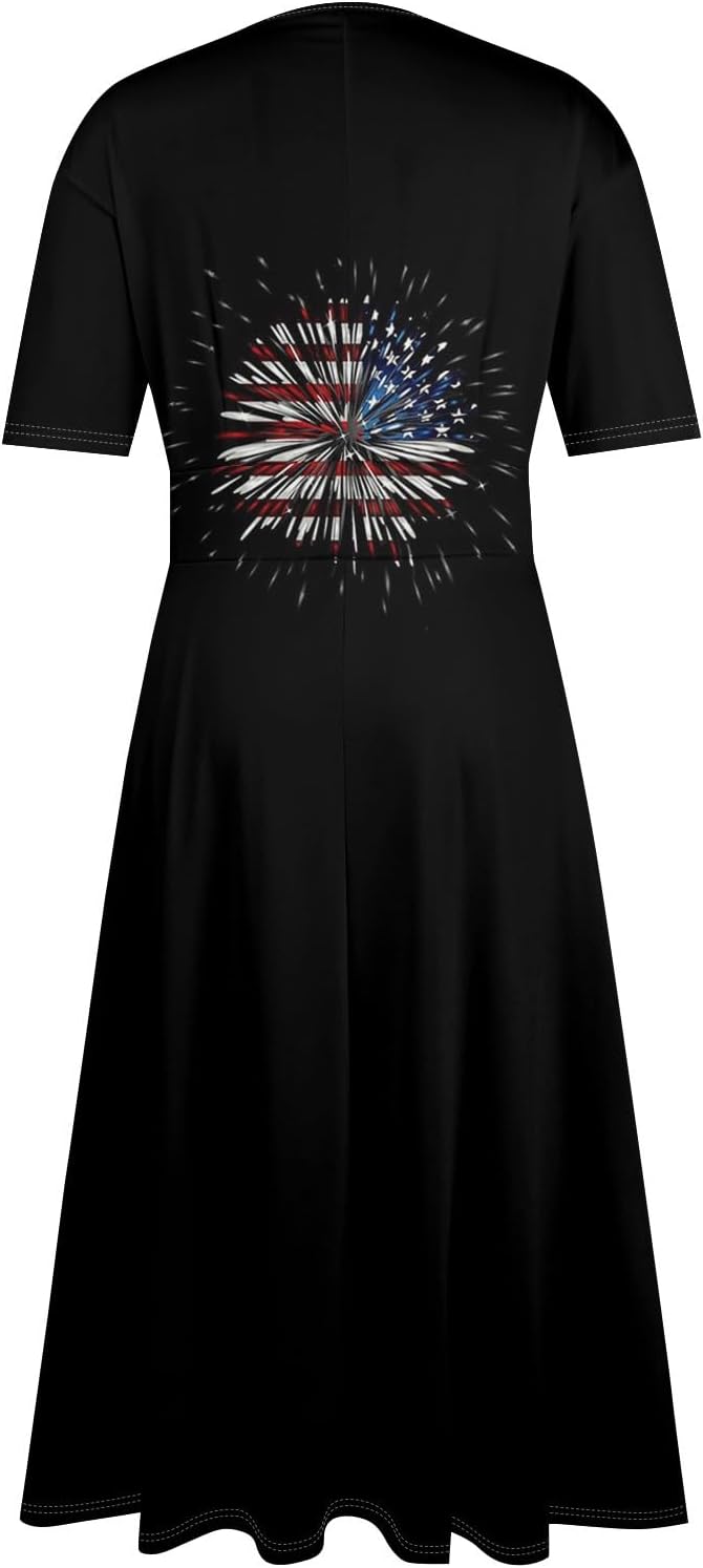 Women's Patriotic Star Print Midi Short Sleeve V-Neck Casual A-Line Dress for Summer Parties & Events