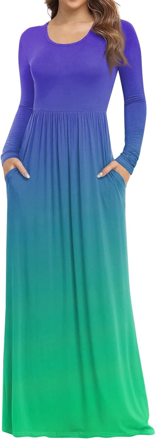 Long Sleeve Maxi Dress for Women Elegant Crew Neck Flowy Swing Dresses Solid Color Wedding Guest Dresses