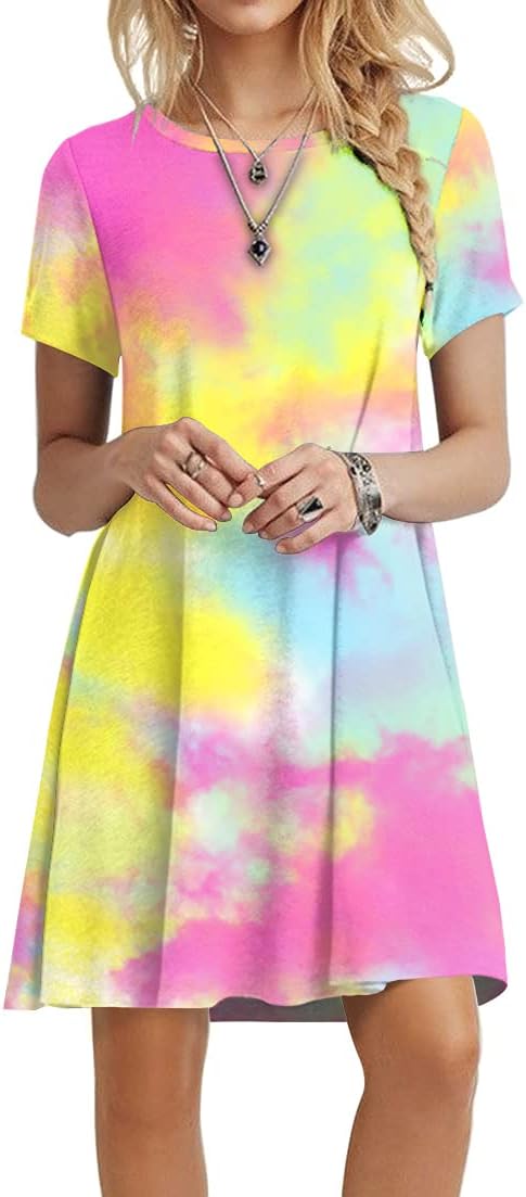 POPYOUNG 2025 Women's Summer Casual T-Shirt Dresses Crew Neck Beach Cover Up Sun Dress