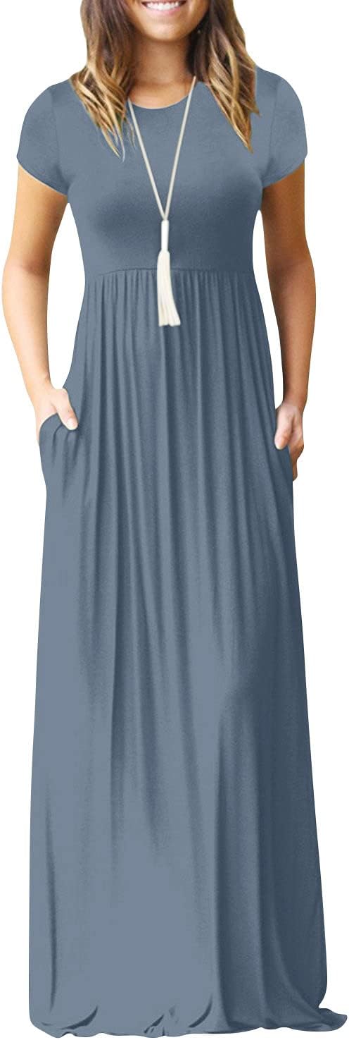 DEARCASE Maxi Dress for Women Short Sleeve Casual Summer Loose Plain Comfy Long Dresses with Pockets