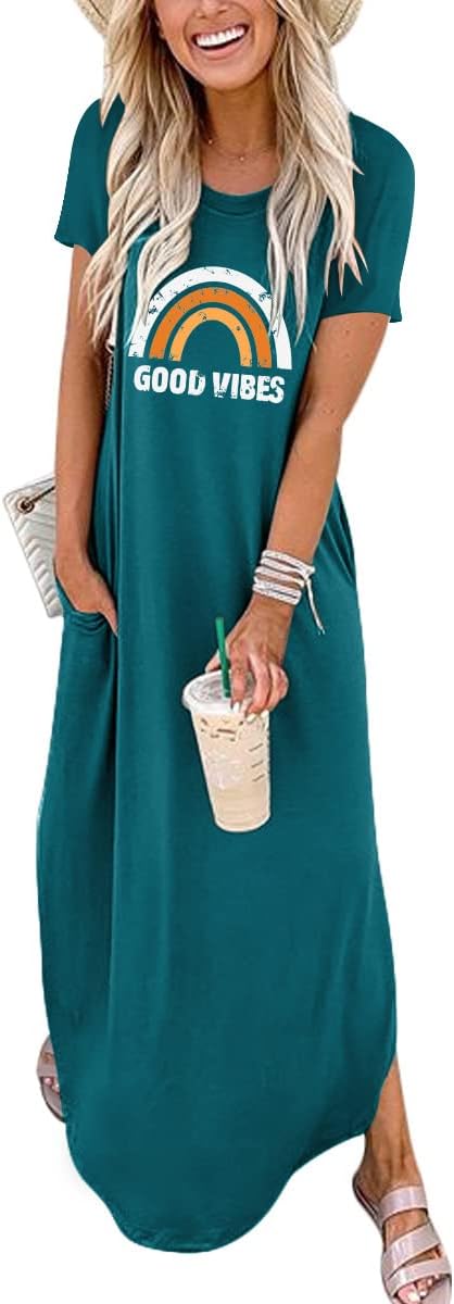 ANRABESS Women's Summer Casual Loose Short Sleeve Long T Shirt Dress Split Maxi Beach Sundress Travel Vacation Outfits