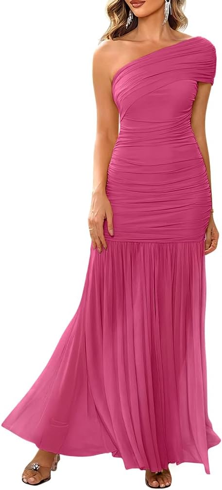 LAGSHIAN Women's Elegant Formal Long Dress One Shoulder Sleeveless Ruched Bodycon Evening Dress