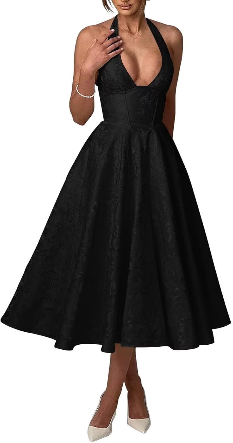 Bow Tea Length Prom Dress for Women Embroidery Satin Evening Party Gown A Line Corset Cocktail Dress