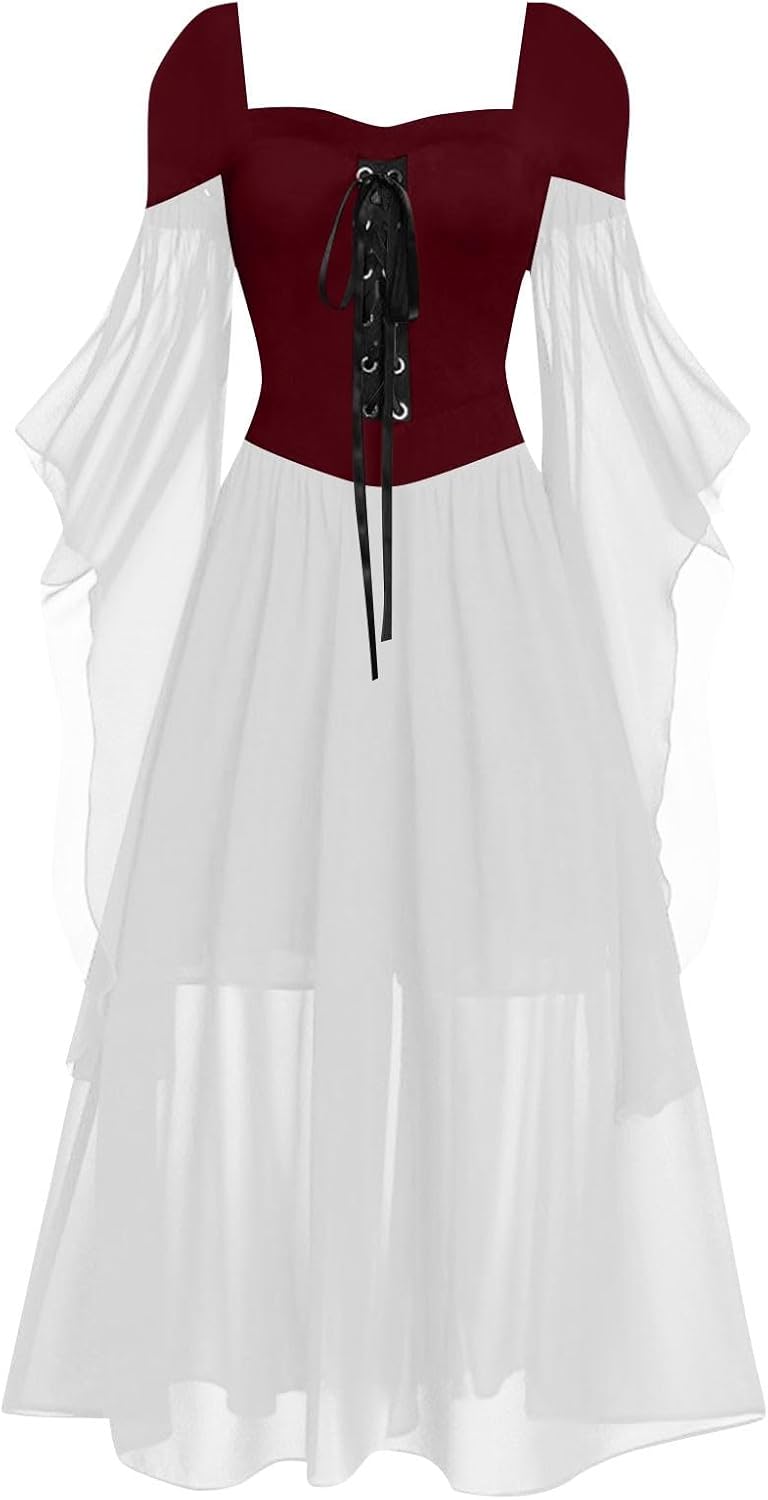 Women Casual Cold Shoulder Dress Solid Color Lace Butterfly Sleeve Halloween Retro Cocktail Party Gothic Prom Dress