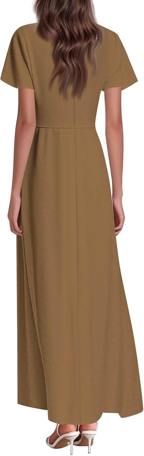 Womens Fashion V Neck Ruffle Short Sleeve Maxi Dress 2025 Summer Elegant Solid Color Flowy A Line Dresses