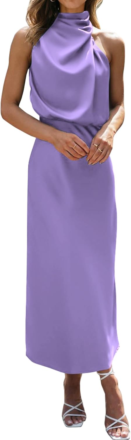 BTFBM Womens Sleeveless Cocktail Dresses Mock Neck Keyhole Elastic High Waist Evening Party Maxi Wedding Guest Dress