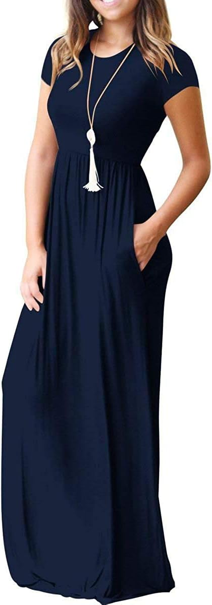 DEARCASE Maxi Dress for Women Short Sleeve Casual Summer Loose Plain Comfy Long Dresses with Pockets