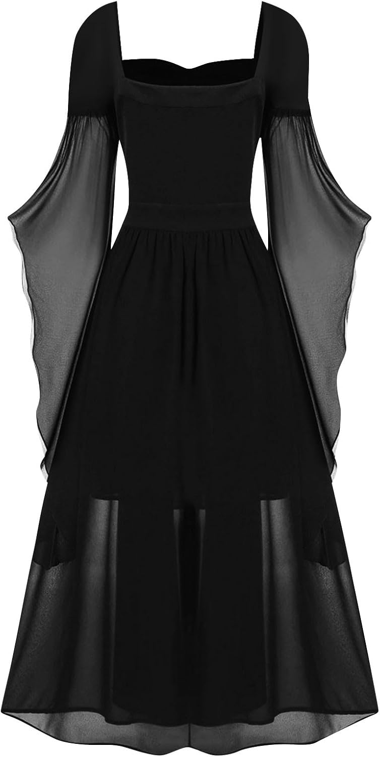 Women Casual Cold Shoulder Dress Solid Color Lace Butterfly Sleeve Halloween Retro Cocktail Party Gothic Prom Dress