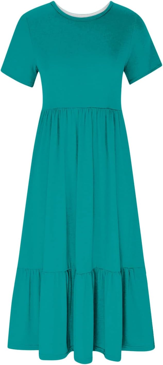 XUNRYAN Summer Dresses for Women 2024 Casual Calf Length Maxi Dress Pleated Flowy Tiered Swing Beach Sundress with Pockets