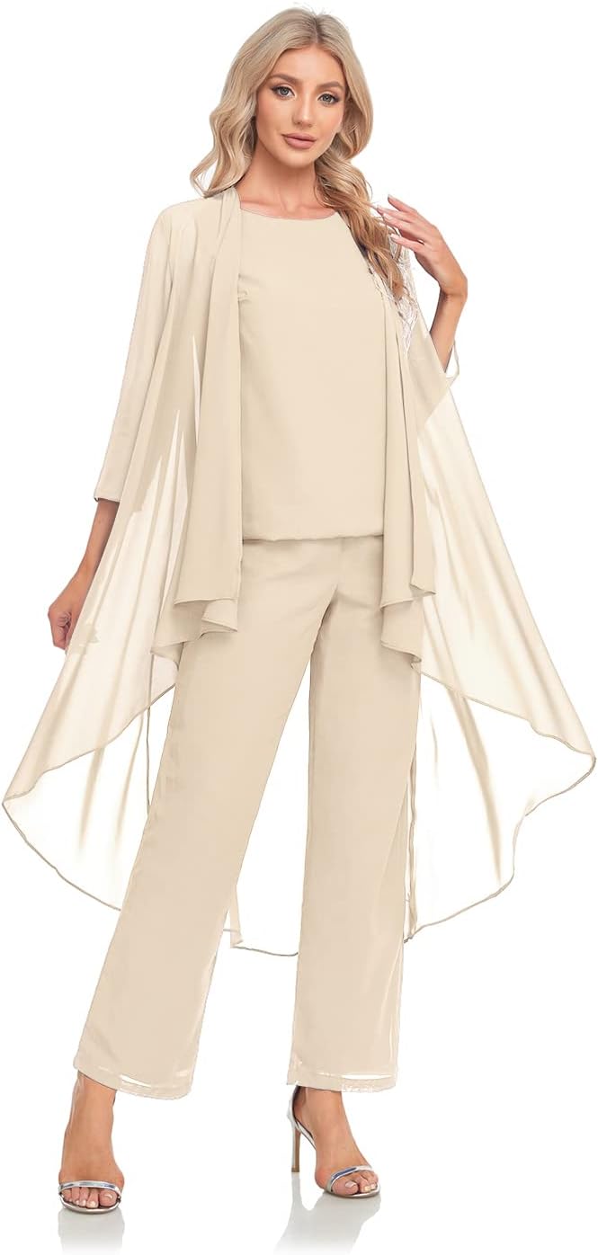 Women's 3 Pieces Chiffon Mother of The Bride Dress with Jacket Chiffon Formal Evening Dresses