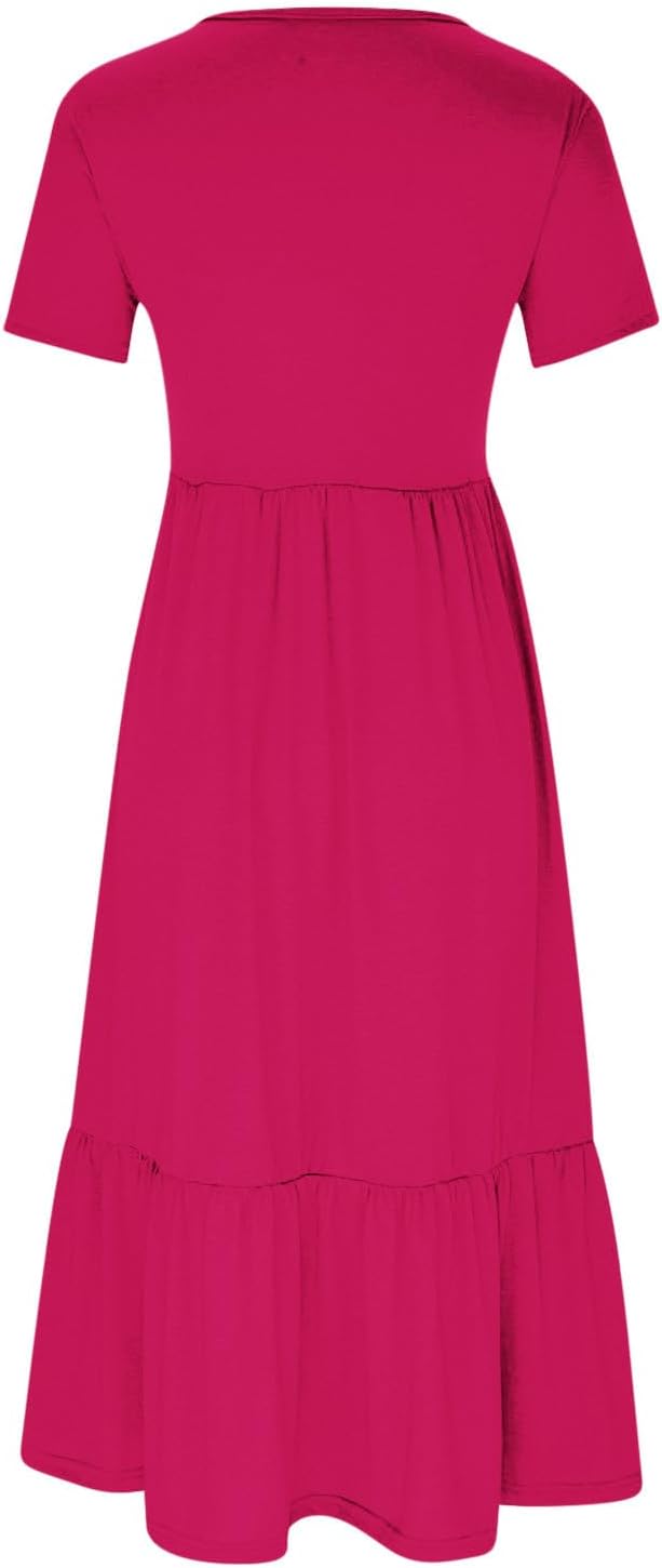 XUNRYAN Summer Dresses for Women 2024 Casual Calf Length Maxi Dress Pleated Flowy Tiered Swing Beach Sundress with Pockets
