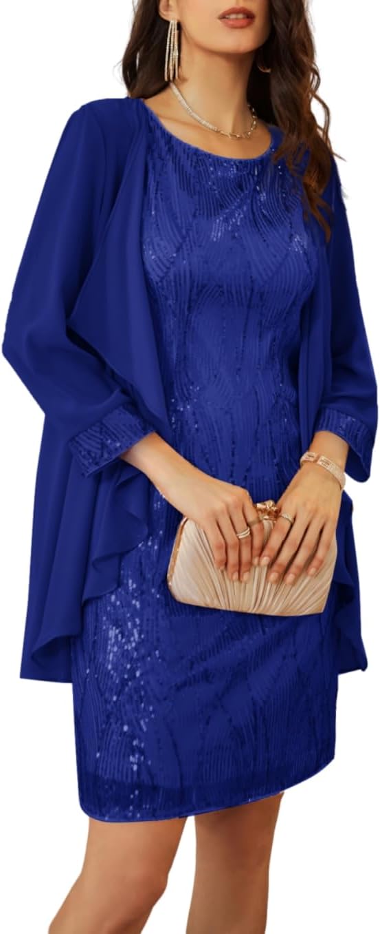 GRACE KARIN Sequin Dress for Women Knee Length Mother of the Bride Dresses Formal Dress Two Piece Dress with Chiffon Jacket