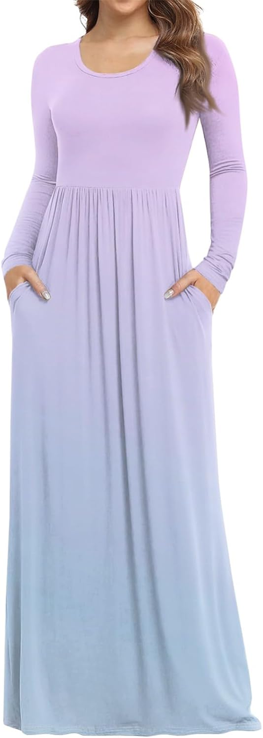 Long Sleeve Maxi Dress for Women Elegant Crew Neck Flowy Swing Dresses Solid Color Wedding Guest Dresses
