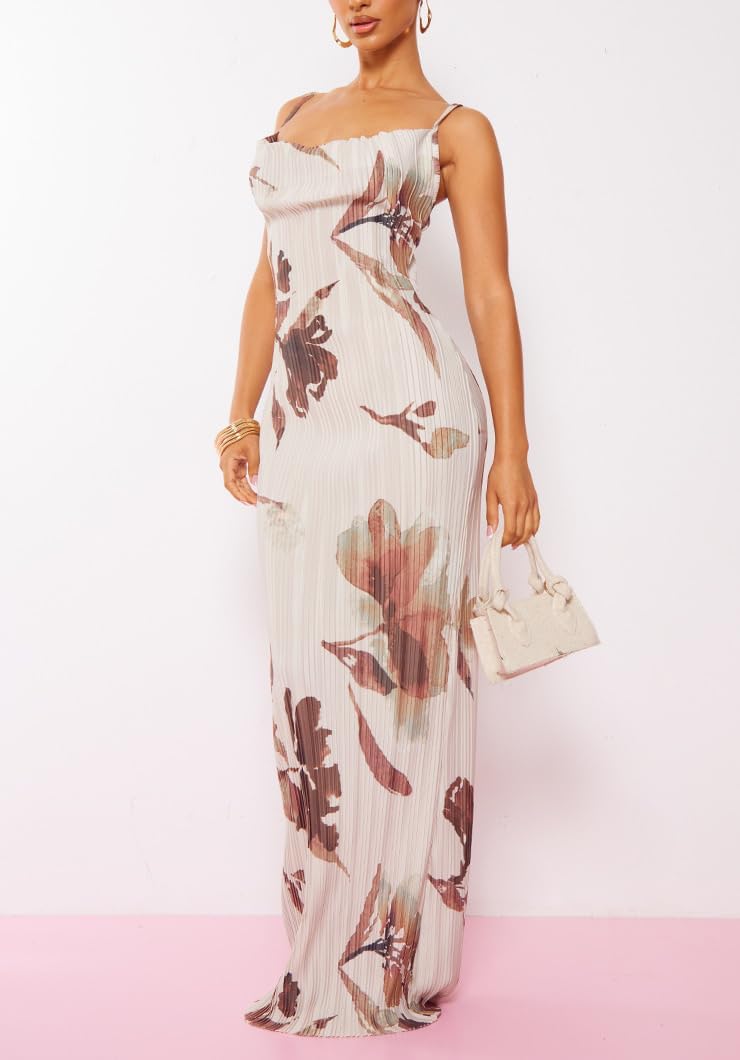 Cowl Neck Dress Sexy Strap Shoulder Pleated Maxi Dresses Summer Wedding Guest Dresses for Women