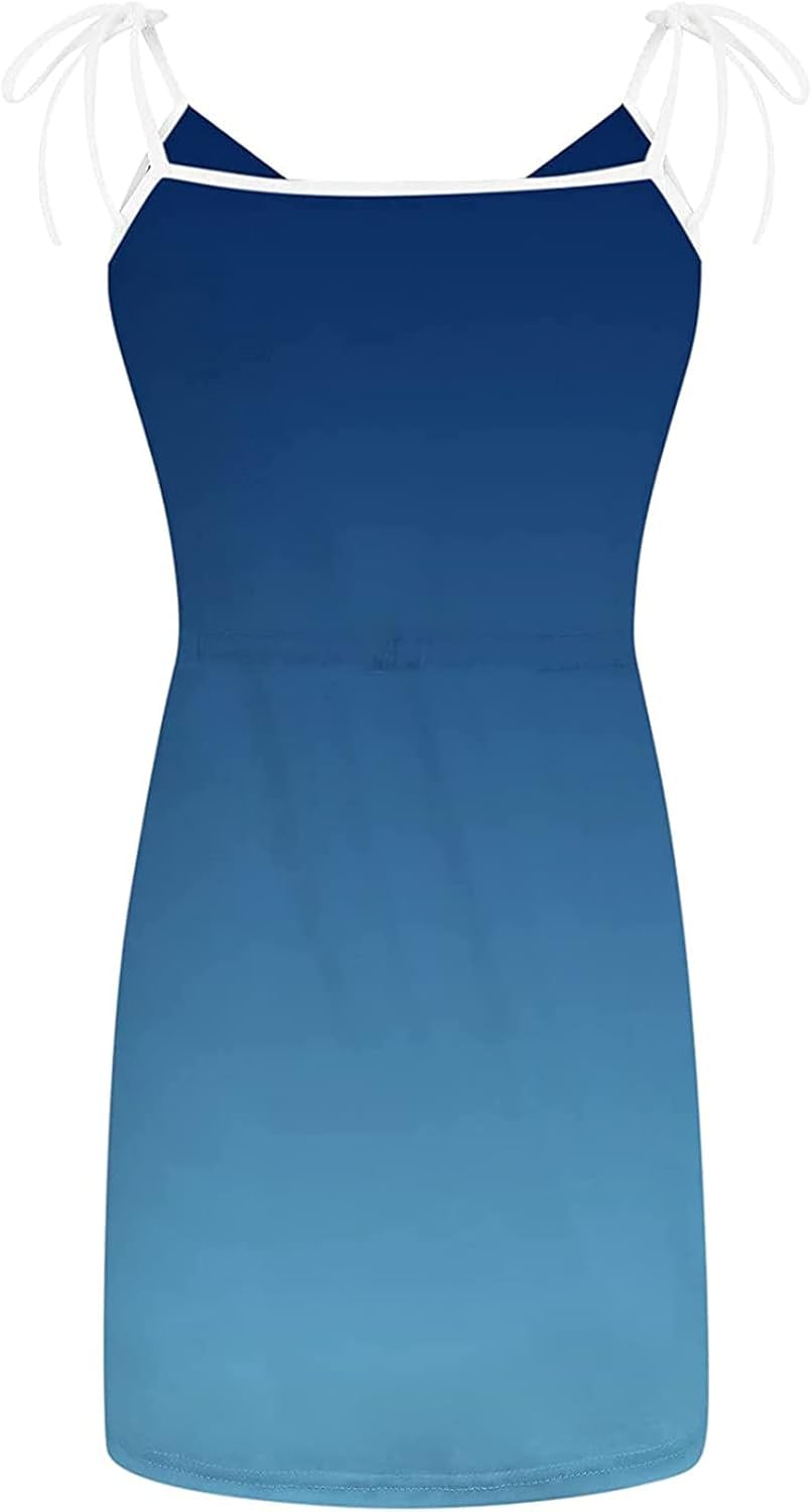 Women Summer Casual Striped Dress Drawstring Waist Tie Knot Mini Dresses Short Sleeve V Neck Tank Dress with Pocket