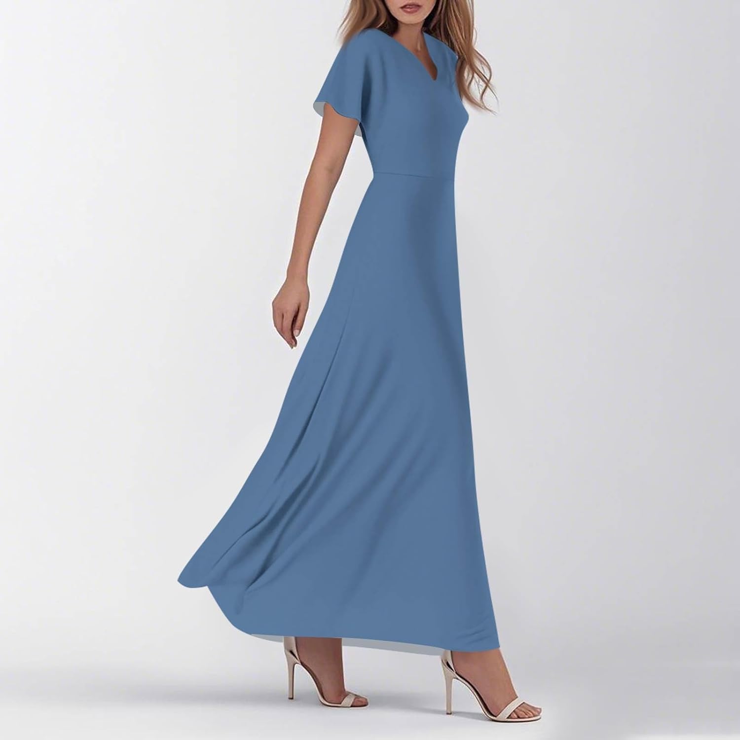 Womens Fashion V Neck Ruffle Short Sleeve Maxi Dress 2025 Summer Elegant Solid Color Flowy A Line Dresses