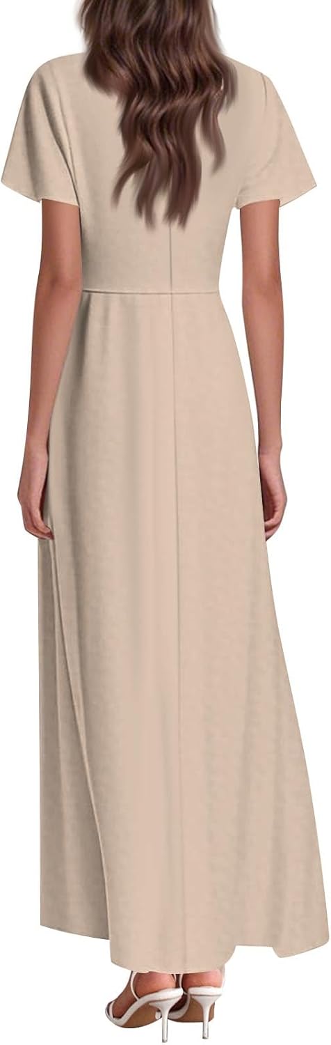Womens Fashion V Neck Ruffle Short Sleeve Maxi Dress 2025 Summer Elegant Solid Color Flowy A Line Dresses