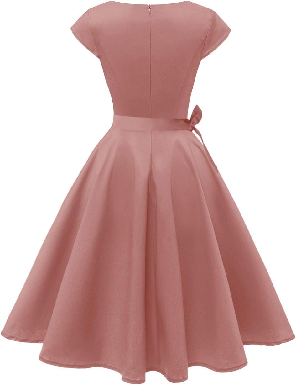 PUKAVT Women's 1950 Boatneck Cap Sleeve Vintage Swing Cocktail Party Dress with Pockets