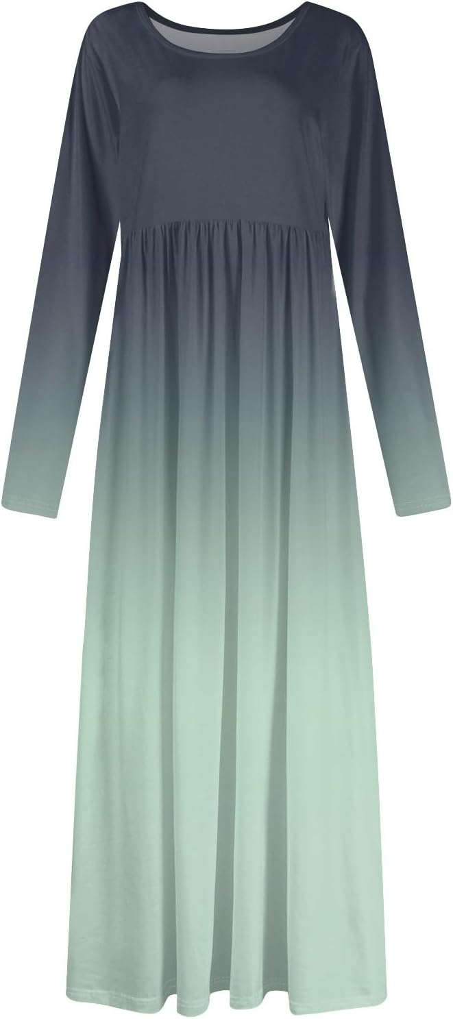 Long Sleeve Maxi Dress for Women Elegant Crew Neck Flowy Swing Dresses Solid Color Wedding Guest Dresses