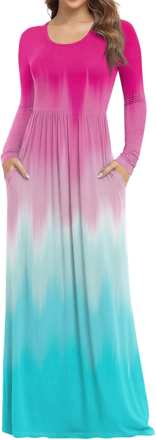 Long Sleeve Maxi Dress for Women Elegant Crew Neck Flowy Swing Dresses Solid Color Wedding Guest Dresses