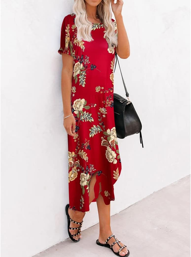 Naggoo Women's Short Sleeve Split Maxi Dress Casual Plain Tie Dye Print Tshirt Long Dresses with Pockets