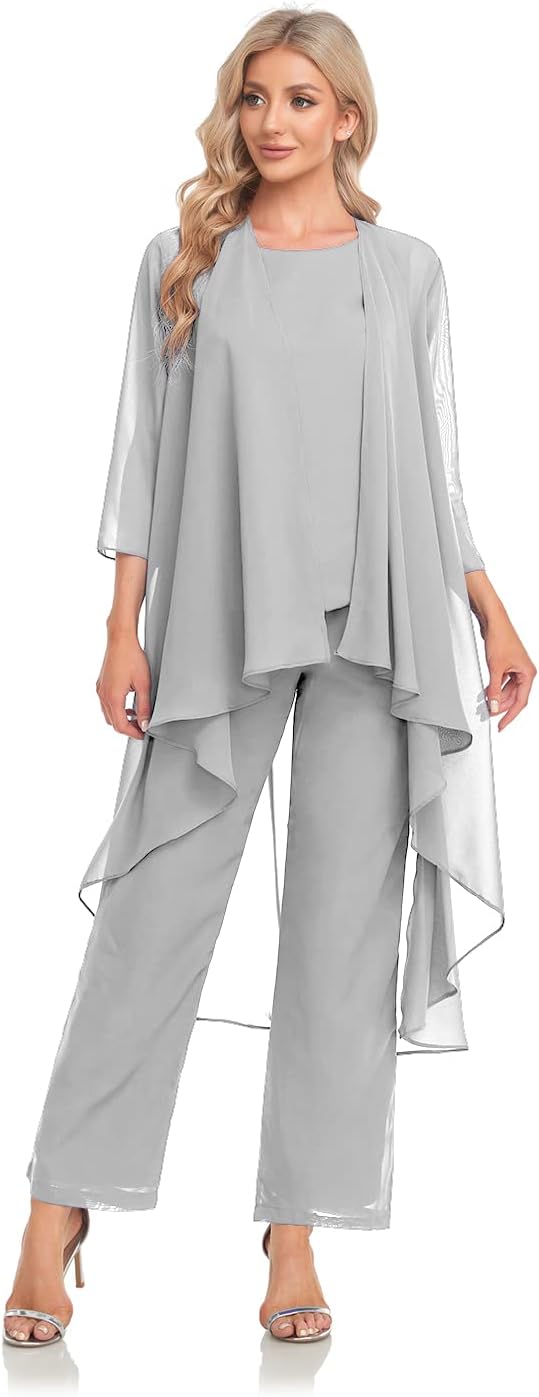 Women's 3 Pieces Chiffon Mother of The Bride Dress with Jacket Chiffon Formal Evening Dresses