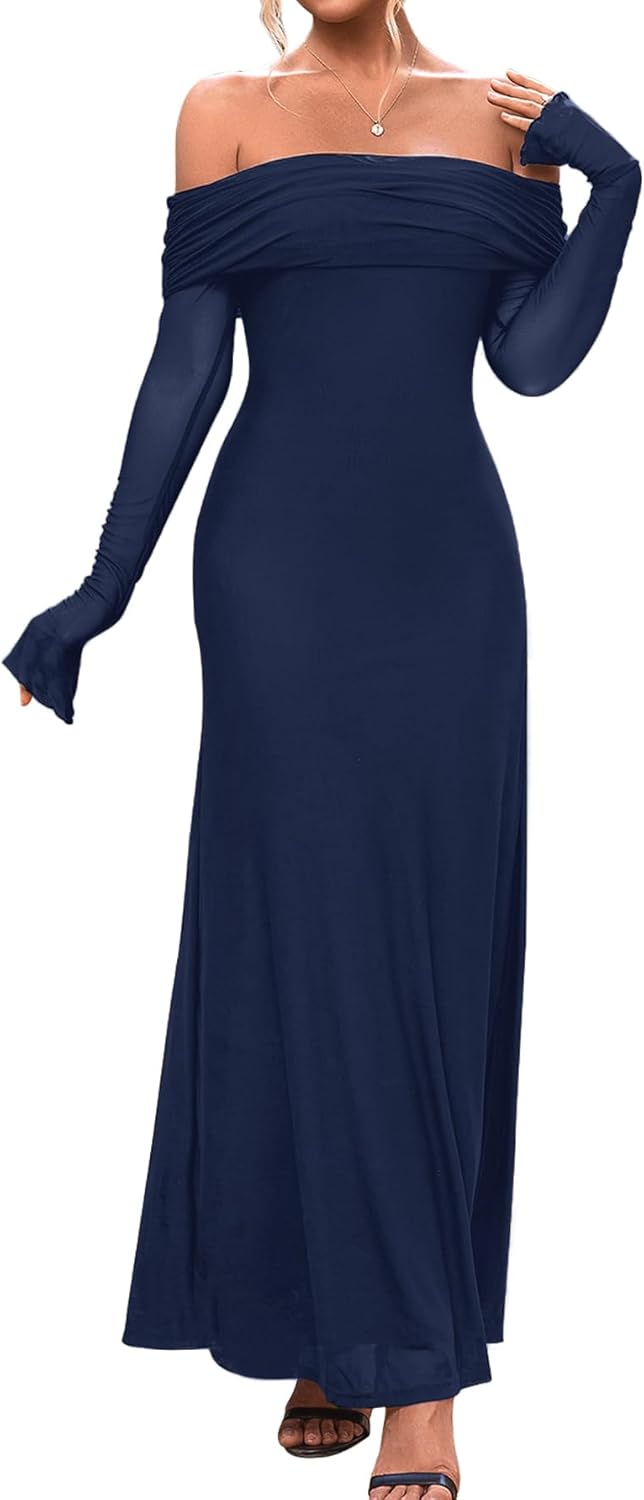 KUTUMAI Women Off Shoulder Bodycon Maxi Dress Long Sleeve Mesh Ruched Party Formal Wedding Guest Dresses