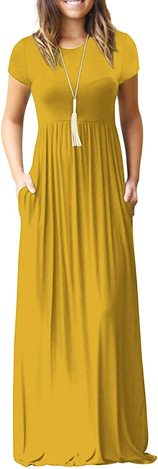 DEARCASE Maxi Dress for Women Short Sleeve Casual Summer Loose Plain Comfy Long Dresses with Pockets