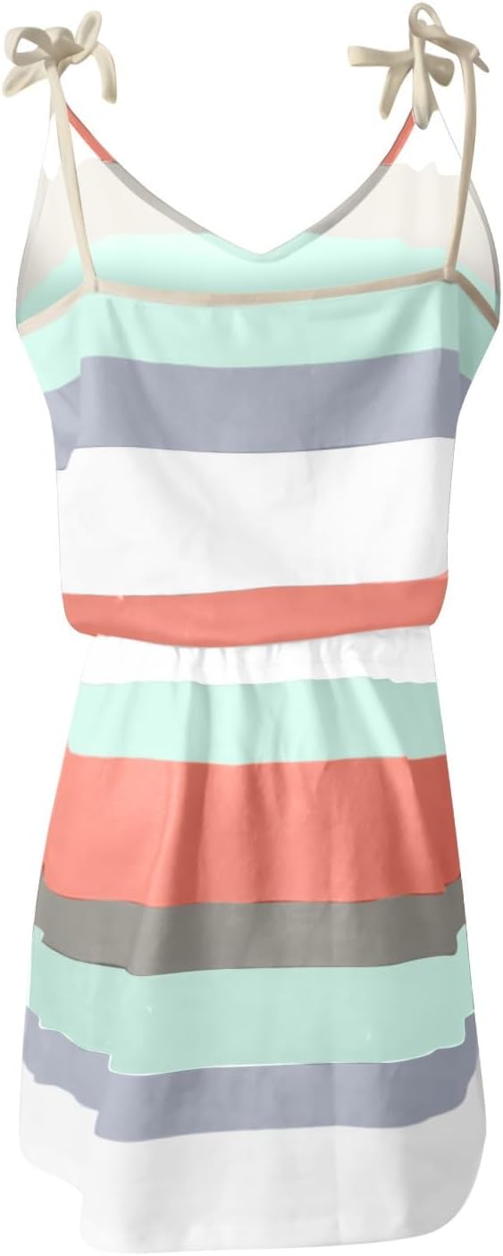 Women Summer Casual Striped Dress Drawstring Waist Tie Knot Mini Dresses Short Sleeve V Neck Tank Dress with Pocket