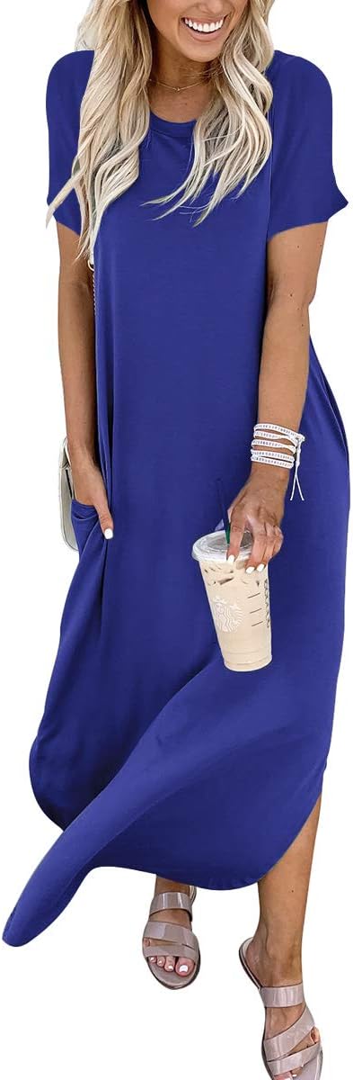 ANRABESS Women's Summer Casual Loose Short Sleeve Long T Shirt Dress Split Maxi Beach Sundress Travel Vacation Outfits